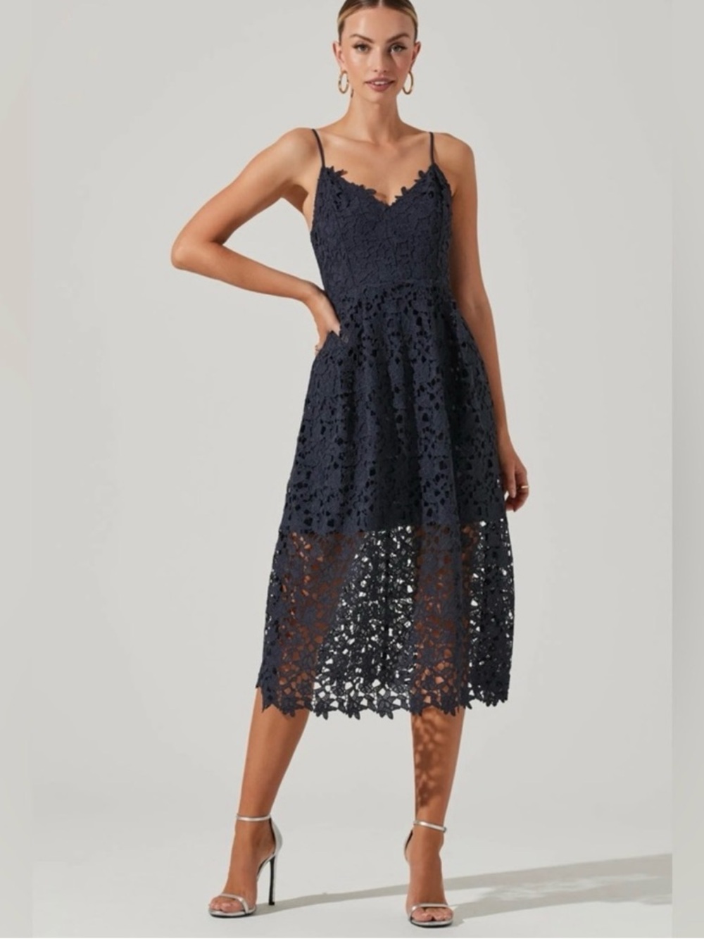Astr Navy Floral Lace Midi Dress with Spaghetti Straps